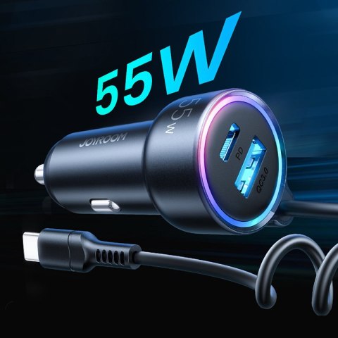 Szybka ładowarka samochodowa 3w1 z kablem USB-C 1.5m 55W czarny JOYROOM