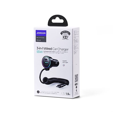 Szybka ładowarka samochodowa 3w1 z kablem USB-C 1.5m 55W czarny JOYROOM