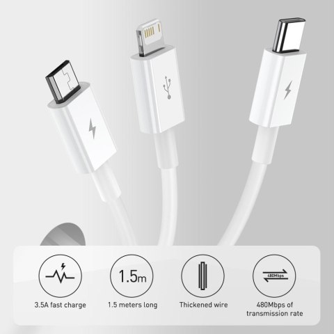 3w1 kabel przewód uniwersalny USB - Lightning / USB-C / micro USB 3.5A 1.5m niebieski BASEUS