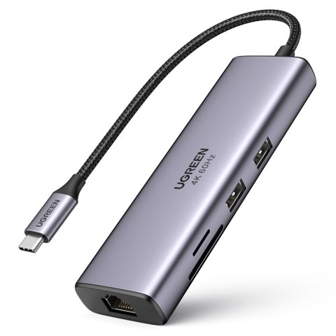 7w1 wielofunkcyjny HUB USB-C - 2x USB HDMI 4K czytnik kart SD i TF USB-C RJ45 1Gbps szary UGREEN