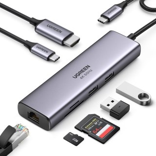 7w1 wielofunkcyjny HUB USB-C - 2x USB HDMI 4K czytnik kart SD i TF USB-C RJ45 1Gbps szary UGREEN