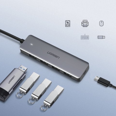 HUB Rozdzielacz portów USB - 4x USB 3.2 z portem zasilania micro USB szary UGREEN