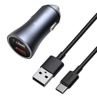 Szybka ładowarka samochodowa 2x USB 40W QC SCP FCP AFC + kabel USB-C szary BASEUS