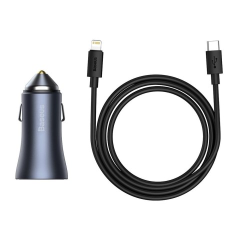 Szybka ładowarka samochodowa USB-C USB 40W PD QC SCP FCP AFC + kabel USB-C - Lightning szary BASEUS