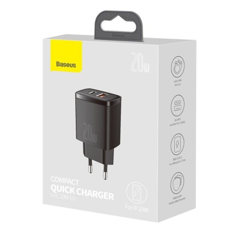 Szybka ładowarka sieciowa Compact USB USB-C 20W 3A PD QC 3.0 czarny BASEUS