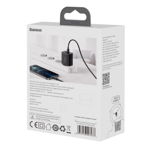 Szybka ładowarka sieciowa Compact USB USB-C 20W 3A PD QC 3.0 czarny BASEUS