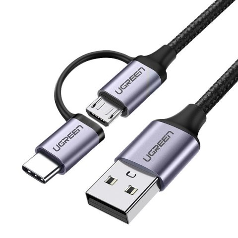 2w1 Kabel przewód w mocnym oplocie USB - microUSB + USB-C 1m 2.4A czarny UGREEN