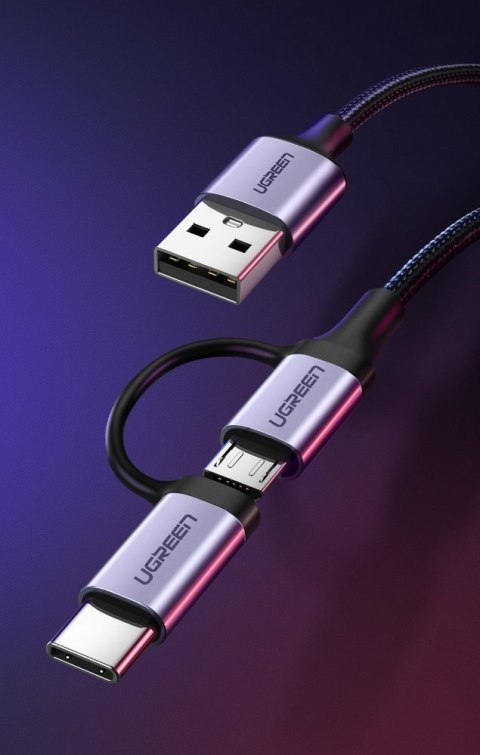 2w1 Kabel przewód w mocnym oplocie USB - microUSB + USB-C 1m 2.4A czarny UGREEN