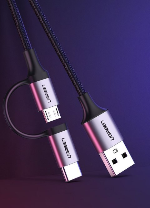 2w1 Kabel przewód w mocnym oplocie USB - microUSB + USB-C 1m 2.4A czarny UGREEN