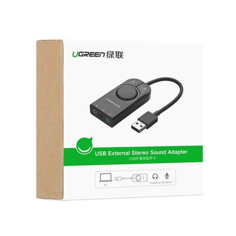 Zewnętrzna karta dzwiękowa adapter USB - 3.5 mm mini jack z regulacją głośności 15cm czarny UGREEN