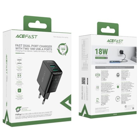 Ładowarka sieciowa GaN 2x USB 18W QC 3.0 AFC FCP czarny ACEFAST