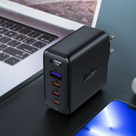 Szybka ładowarka sieciowa GaN 3x USB-C 1x USB-A + kabel kątowy USB-C 100W 2m czarny ACEFAST