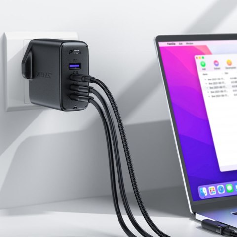 2w1 Kabel i szybka ładowarka sieciowa GaN wtyczka angielska UK 100W PD 3x USB-C USB czarna ACEFAST