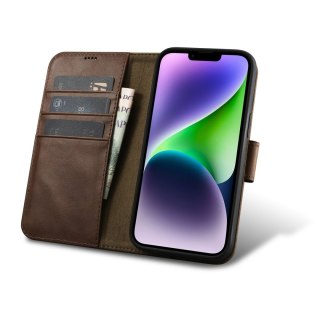 2w1 etui skórzany pokrowiec z klapką iPhone 14 Anti-RFID Oil Wax Wallet Case ciemno-brązowy ICARER