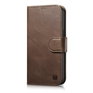 2w1 etui skórzany pokrowiec z klapką iPhone 14 Anti-RFID Oil Wax Wallet Case ciemno-brązowy ICARER