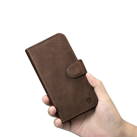 2w1 etui skórzany pokrowiec z klapką iPhone 14 Anti-RFID Oil Wax Wallet Case ciemno-brązowy ICARER