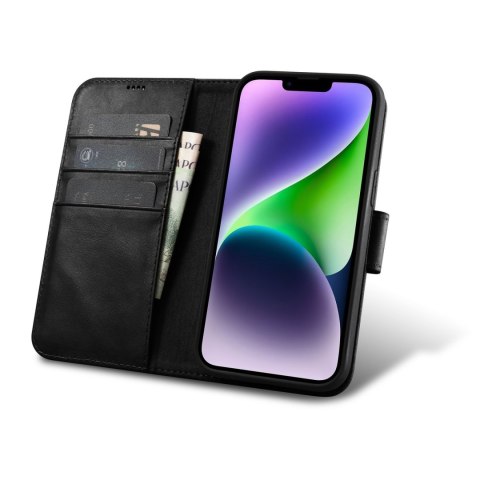 2w1 etui skórzany pokrowiec z klapką iPhone 14 Anti-RFID Oil Wax Wallet Case czarny ICARER