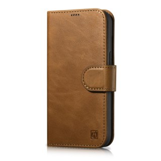 2w1 etui skórzany pokrowiec z klapką iPhone 14 Anti-RFID Oil Wax Wallet Case jasno-brązowy ICARER