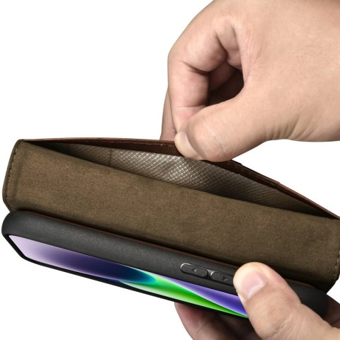 2w1 etui skórzany pokrowiec z klapką iPhone 14 Plus Anti-RFID Oil Wax Wallet Case ciemno-brązowy ICARER