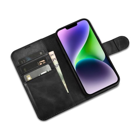 2w1 etui skórzany pokrowiec z klapką iPhone 14 Plus Anti-RFID Oil Wax Wallet Case czarny ICARER