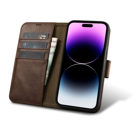 2w1 etui skórzany pokrowiec z klapką iPhone 14 Pro Anti-RFID Oil Wax Wallet Case ciemno-brązowy ICARER