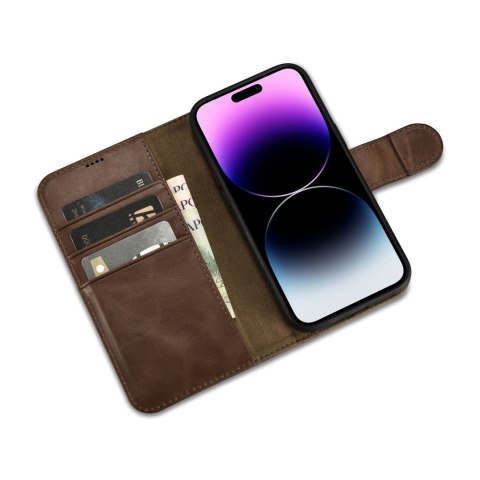 2w1 etui skórzany pokrowiec z klapką iPhone 14 Pro Anti-RFID Oil Wax Wallet Case ciemno-brązowy ICARER