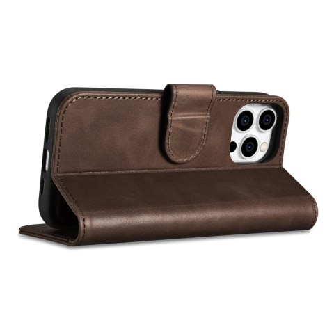 2w1 etui skórzany pokrowiec z klapką iPhone 14 Pro Anti-RFID Oil Wax Wallet Case ciemno-brązowy ICARER