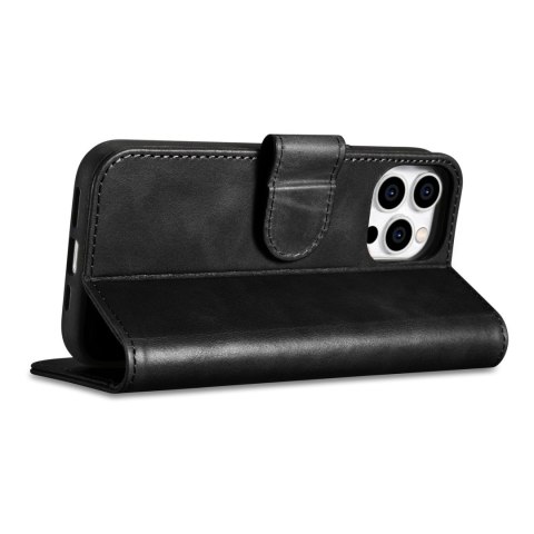 2w1 etui skórzany pokrowiec z klapką iPhone 14 Pro Anti-RFID Oil Wax Wallet Case czarny ICARER