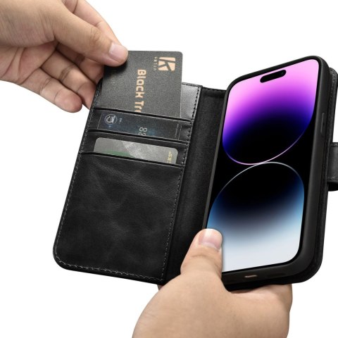 2w1 etui skórzany pokrowiec z klapką iPhone 14 Pro Anti-RFID Oil Wax Wallet Case czarny ICARER