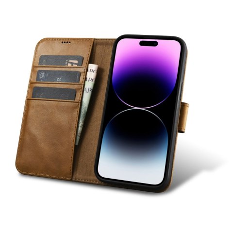 2w1 etui skórzany pokrowiec z klapką iPhone 14 Pro Anti-RFID Oil Wax Wallet Case jasno-brązowy ICARER