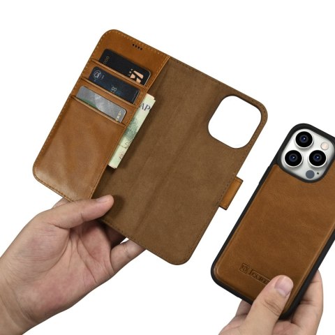 2w1 etui skórzany pokrowiec z klapką iPhone 14 Pro Anti-RFID Oil Wax Wallet Case jasno-brązowy ICARER