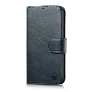 2w1 etui skórzany pokrowiec z klapką iPhone 14 Pro Anti-RFID Oil Wax Wallet Case niebieski ICARER