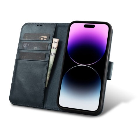 2w1 etui skórzany pokrowiec z klapką iPhone 14 Pro Anti-RFID Oil Wax Wallet Case niebieski ICARER