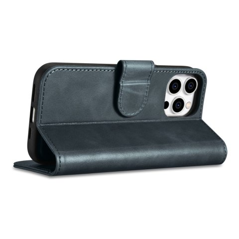 2w1 etui skórzany pokrowiec z klapką iPhone 14 Pro Anti-RFID Oil Wax Wallet Case niebieski ICARER