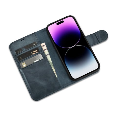 2w1 etui skórzany pokrowiec z klapką iPhone 14 Pro Anti-RFID Oil Wax Wallet Case niebieski ICARER