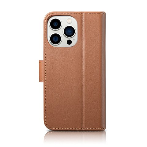 2w1 etui skórzany pokrowiec z klapką iPhone 14 Pro Anti-RFID Wallet Case brązowy ICARER