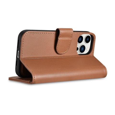 2w1 etui skórzany pokrowiec z klapką iPhone 14 Pro Anti-RFID Wallet Case brązowy ICARER