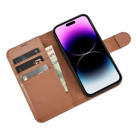 2w1 etui skórzany pokrowiec z klapką iPhone 14 Pro Anti-RFID Wallet Case brązowy ICARER