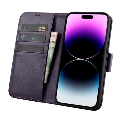 2w1 etui skórzany pokrowiec z klapką iPhone 14 Pro Anti-RFID Wallet Case ciemnofioletowy ICARER