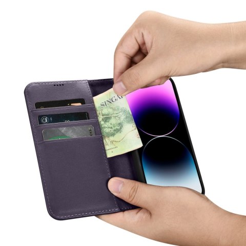 2w1 etui skórzany pokrowiec z klapką iPhone 14 Pro Anti-RFID Wallet Case ciemnofioletowy ICARER