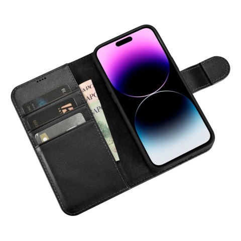 2w1 etui skórzany pokrowiec z klapką iPhone 14 Pro Anti-RFID Wallet Case czarny ICARER