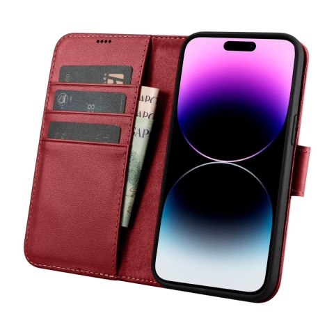 2w1 etui skórzany pokrowiec z klapką iPhone 14 Pro Anti-RFID Wallet Case czerwony ICARER