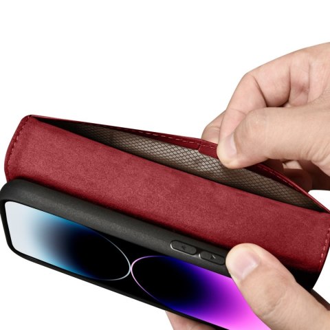 2w1 etui skórzany pokrowiec z klapką iPhone 14 Pro Anti-RFID Wallet Case czerwony ICARER