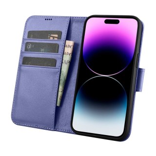 2w1 etui skórzany pokrowiec z klapką iPhone 14 Pro Anti-RFID Wallet Case jasnofioletowy ICARER