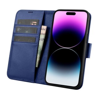 2w1 etui skórzany pokrowiec z klapką iPhone 14 Pro Anti-RFID Wallet Case niebieski ICARER