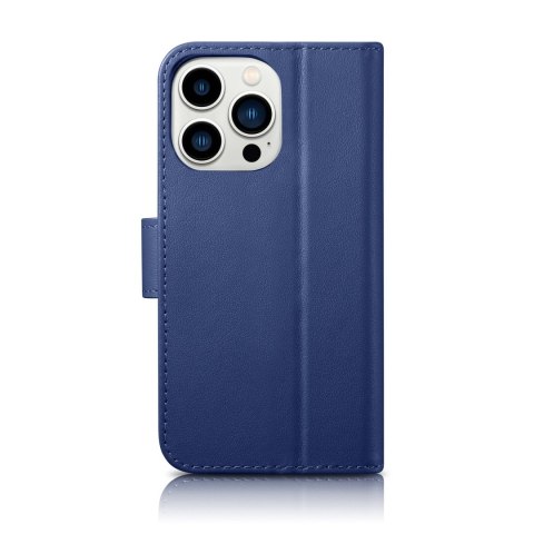 2w1 etui skórzany pokrowiec z klapką iPhone 14 Pro Anti-RFID Wallet Case niebieski ICARER