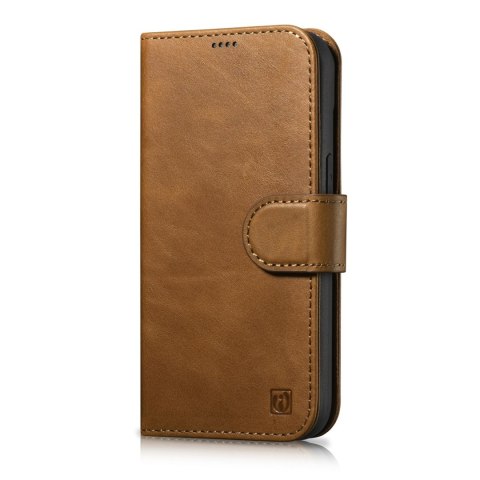 2w1 etui skórzany pokrowiec z klapką iPhone 14 Pro Max Anti-RFID Oil Wax Wallet Case jasno-brązowy ICARER