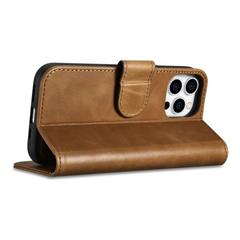 2w1 etui skórzany pokrowiec z klapką iPhone 14 Pro Max Anti-RFID Oil Wax Wallet Case jasno-brązowy ICARER