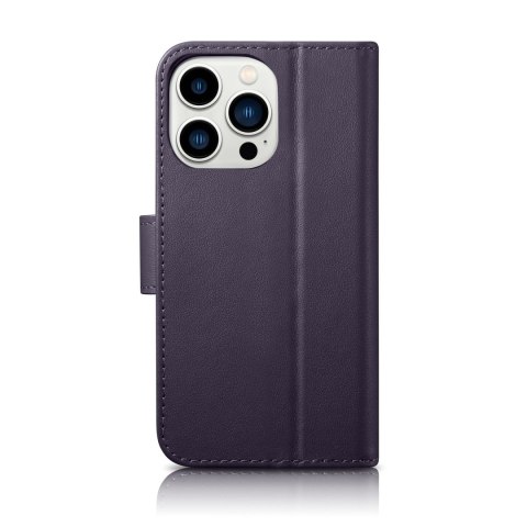 2w1 etui skórzany pokrowiec z klapką iPhone 14 Pro Max Anti-RFID Wallet Case ciemnofioletowy ICARER