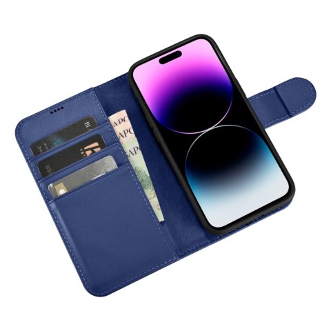 2w1 etui skórzany pokrowiec z klapką iPhone 14 Pro Max Anti-RFID Wallet Case niebieski ICARER